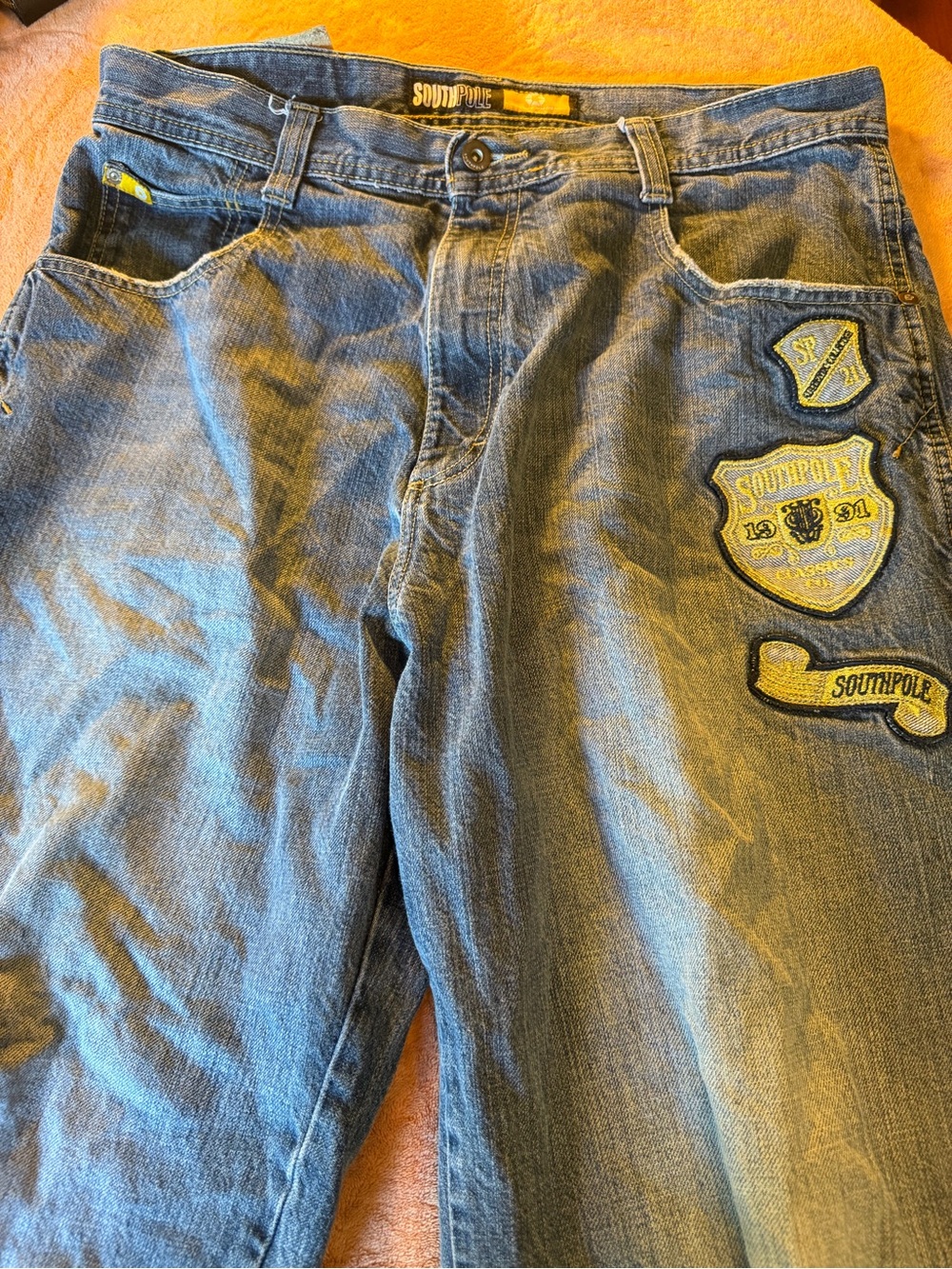 South Pole Men's Blue Denim Jeans with Yellow Patch Accents